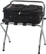 Dolphy chrome luggage rack with backrest supporting a black suitcase on four webbing straps