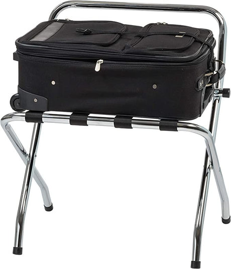 Dolphy chrome luggage rack with backrest supporting a black suitcase on four webbing straps