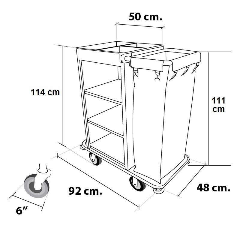 Dolphy housekeeping trolley dimensions: 92 cm long, 48 cm wide, 111 to 114 cm high, 6 inch castors