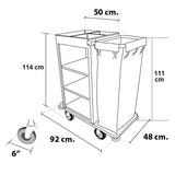 Dolphy housekeeping trolley dimensions: 92 cm long, 48 cm wide, 111 to 114 cm high, 6 inch castors