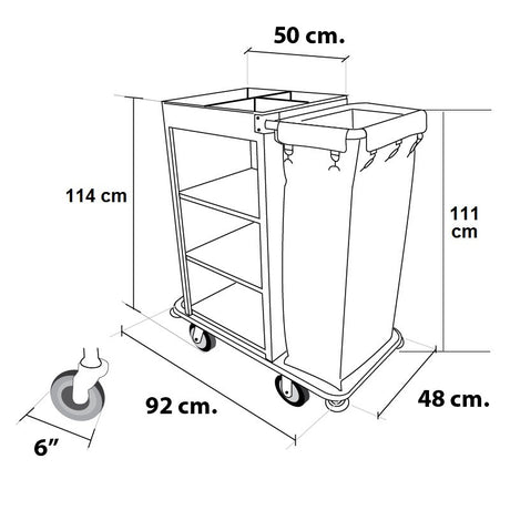 Dolphy housekeeping trolley dimensions: 92 cm long, 48 cm wide, 111 to 114 cm high, 6 inch castors