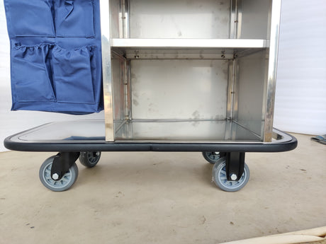 Close-up of the castor wheels and bumper base of the Dolphy housekeeping trolley