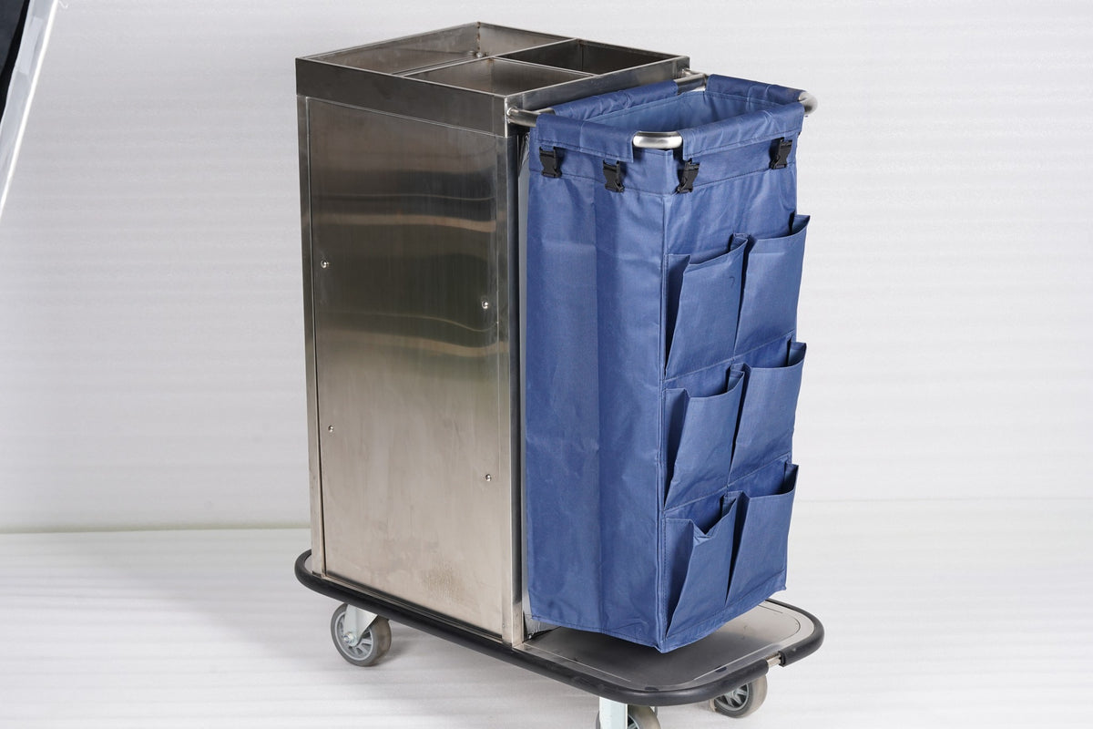 Dolphy stainless steel housekeeping trolley with blue multi-pocket linen bag