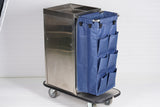 Dolphy stainless steel housekeeping trolley with blue multi-pocket linen bag