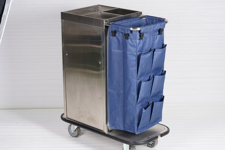 Dolphy stainless steel housekeeping trolley with blue multi-pocket linen bag