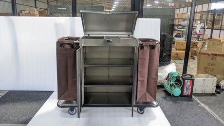 Dolphy housekeeping trolley with doors and lid open, showing the inner shelves