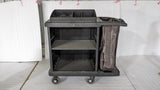 Dolphy black polypropylene housekeeping cart with shelves, top caddy and waste bag
