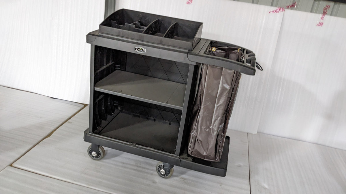 Dolphy housekeeping cart angled view showing the open shelves and linen bag