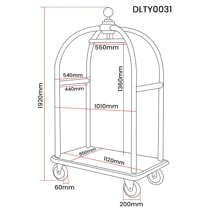 Dolphy birdcage luggage trolley dimensions: 1120 mm long, 650 mm wide, 1920 mm high