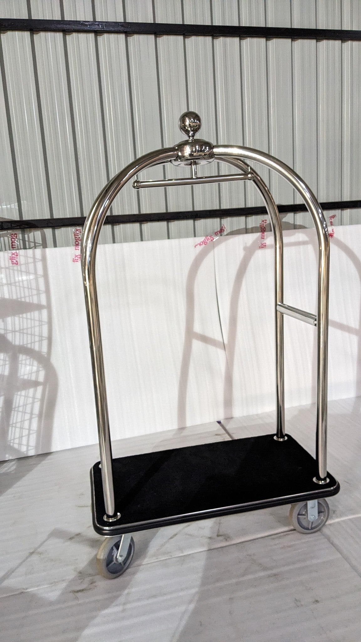 Dolphy stainless steel birdcage hotel luggage trolley, front view
