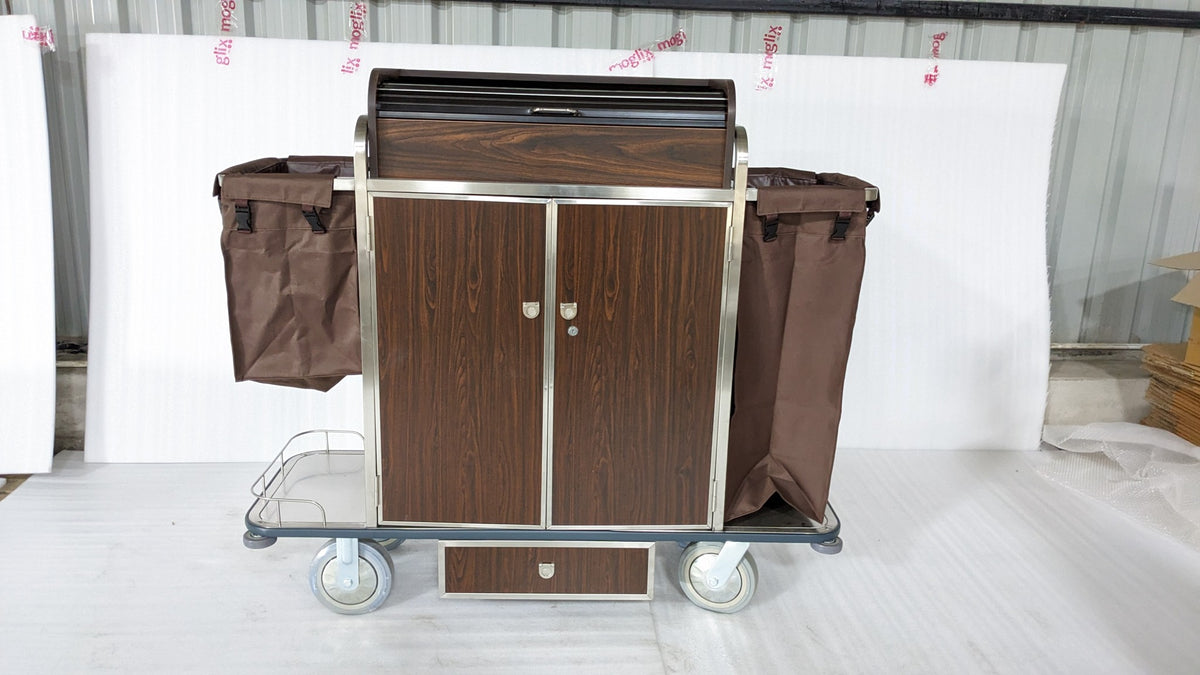 Dolphy wood-look housekeeping cart with brown linen bags, front view