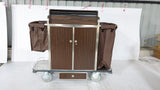 Dolphy wood-look housekeeping cart with brown linen bags, front view
