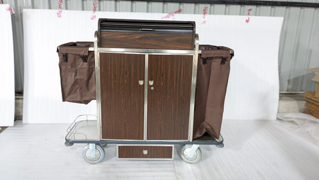Dolphy wood-look housekeeping cart with brown linen bags, front view