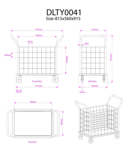 Dolphy DLTY0041 linen cage trolley drawing, size 815 x 560 x 915 mm