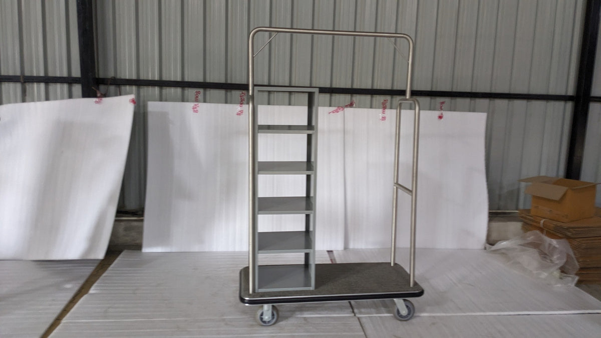 Dolphy hotel laundry trolley with hanging rail and five-shelf rack, real photo