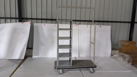 Dolphy hotel laundry trolley with hanging rail and five-shelf rack, real photo