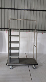 Dolphy stainless steel laundry and clothes delivery trolley with side shelving, front view