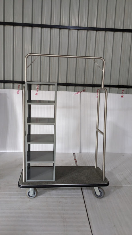 Dolphy stainless steel laundry and clothes delivery trolley with side shelving, front view
