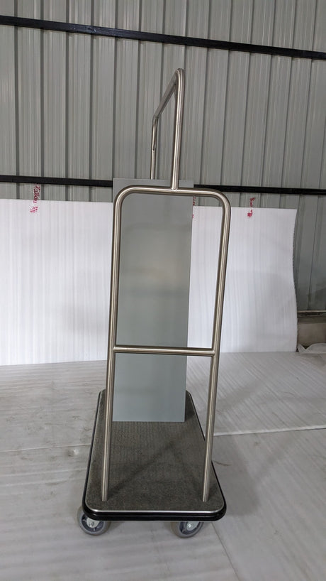 Dolphy laundry delivery trolley, end view showing the frosted panel and carpeted base