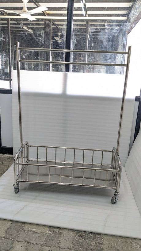 Dolphy stainless steel laundry cart with hanging bar and railed base, real photo