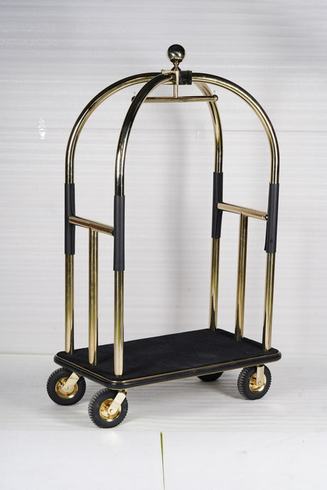 Dolphy gold birdcage luggage trolley with black carpeted deck, front view