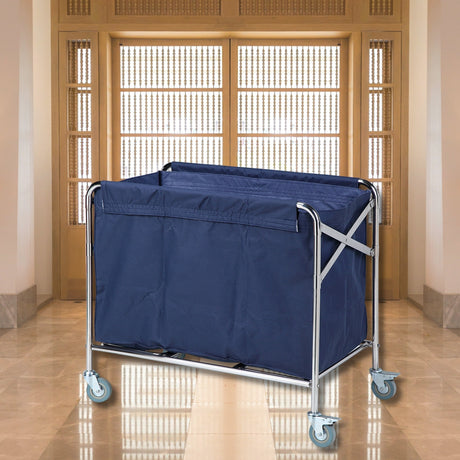 Dolphy foldable linen trolley with navy bag and silver steel frame in a hotel lobby