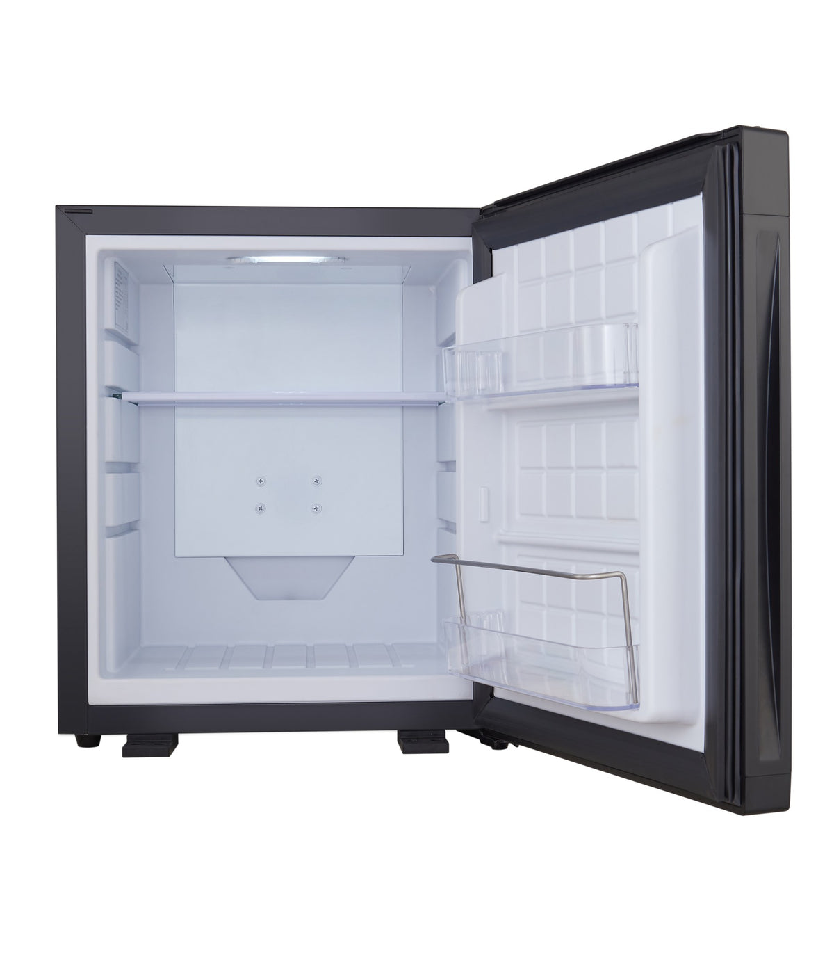 Dolphy 30L solid door minibar open and empty, showing the interior shelf and door racks