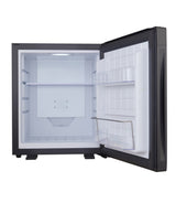 Dolphy 30L solid door minibar open and empty, showing the interior shelf and door racks