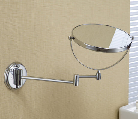 Dolphy chrome magnifying mirror on its wall arm, tilted to show the swivel