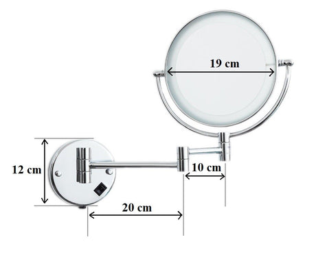 Dolphy LED wall mirror diagram: 19 cm mirror, 12 cm wall plate, 20 cm and 10 cm arm sections