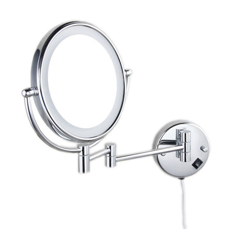 Dolphy 8-inch LED lighted wall mirror on its extending chrome arm, angled view