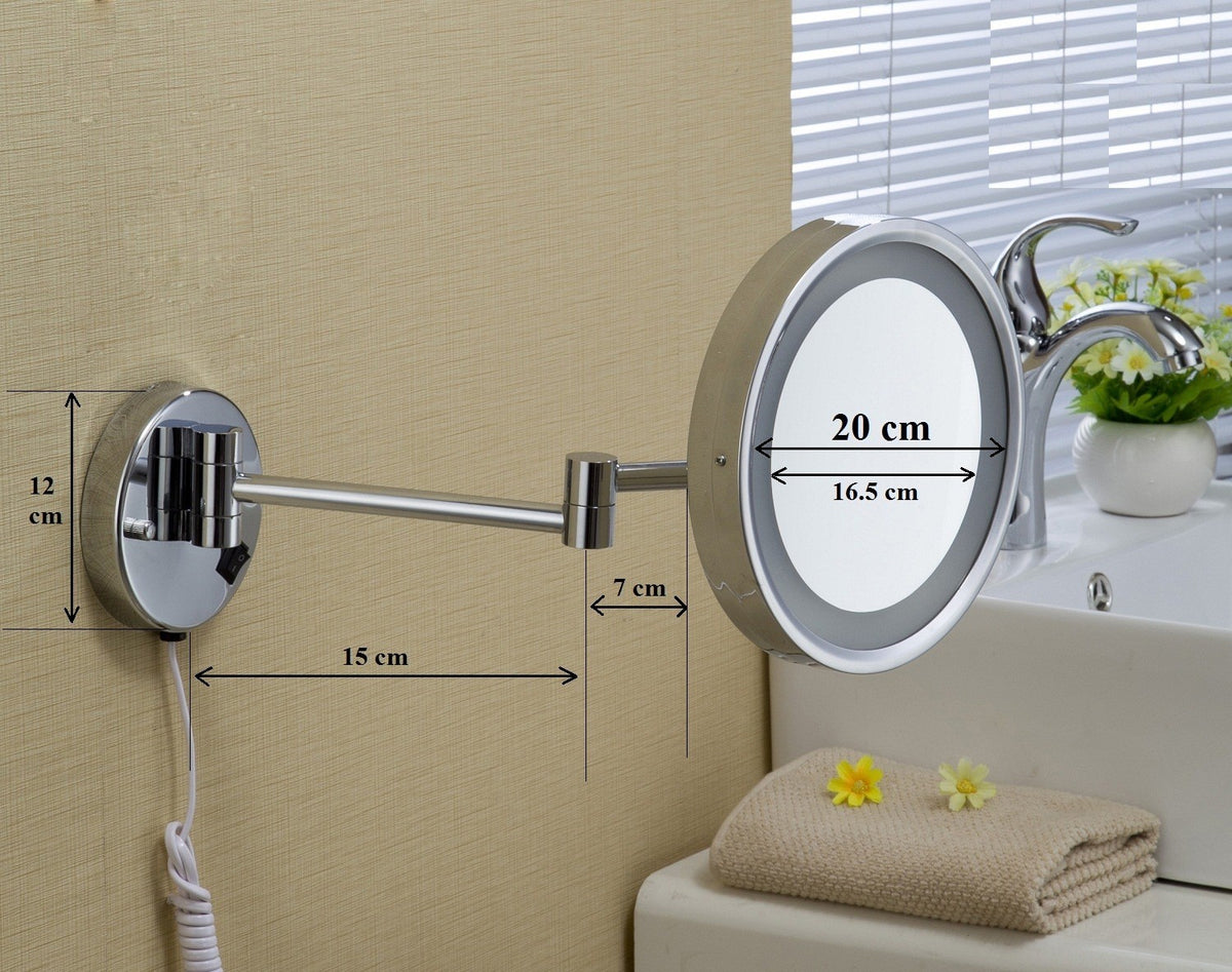 Dolphy 8-inch LED wall mirror dimensions: 20 cm mirror, 12 cm wall plate, 15 cm and 7 cm arm sections