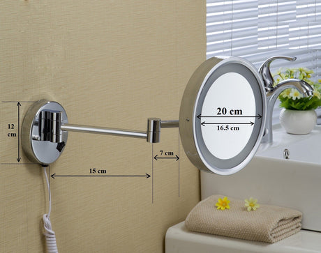 Dolphy 8-inch LED wall mirror dimensions: 20 cm mirror, 12 cm wall plate, 15 cm and 7 cm arm sections