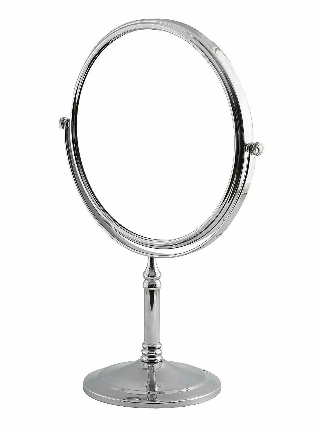 Dolphy 8-inch dual-sided chrome tabletop mirror, front view on its pedestal stand
