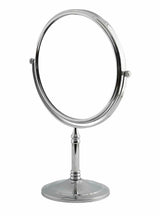 Dolphy 8-inch dual-sided chrome tabletop mirror, front view on its pedestal stand