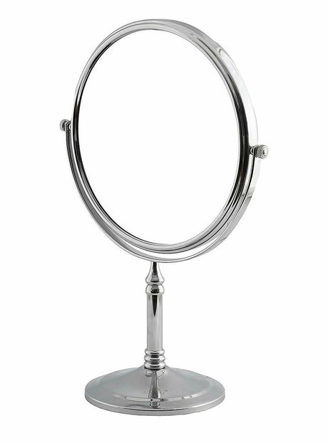 Dolphy 8-inch dual-sided chrome tabletop mirror, front view on its pedestal stand