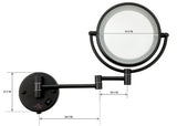 Dolphy black LED magnifying mirror dimensions: 19 cm mirror, 12 cm wall plate, 20 cm and 10 cm arm sections