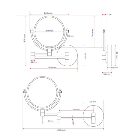 Dolphy makeup mirror drawing: 240 mm frame, 180 mm glass, 120 mm wall plate, arm extends to 435 mm