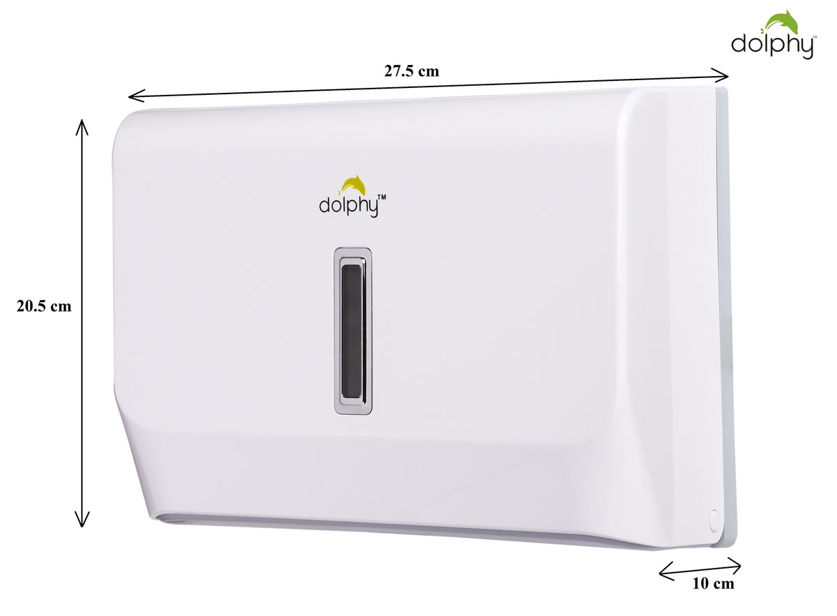 Dolphy slimline paper towel dispenser dimensions: 27.5 cm wide, 20.5 cm high, 10 cm deep