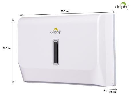 Dolphy slimline paper towel dispenser dimensions: 27.5 cm wide, 20.5 cm high, 10 cm deep