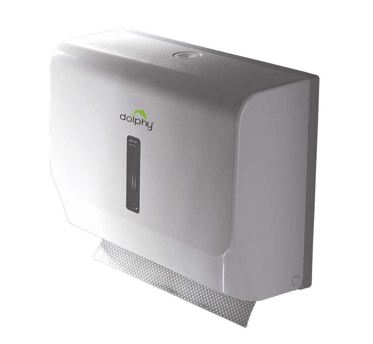Dolphy slimline dispenser loaded with multifold paper towels feeding from the bottom slot