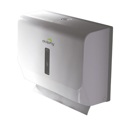 Dolphy slimline dispenser loaded with multifold paper towels feeding from the bottom slot