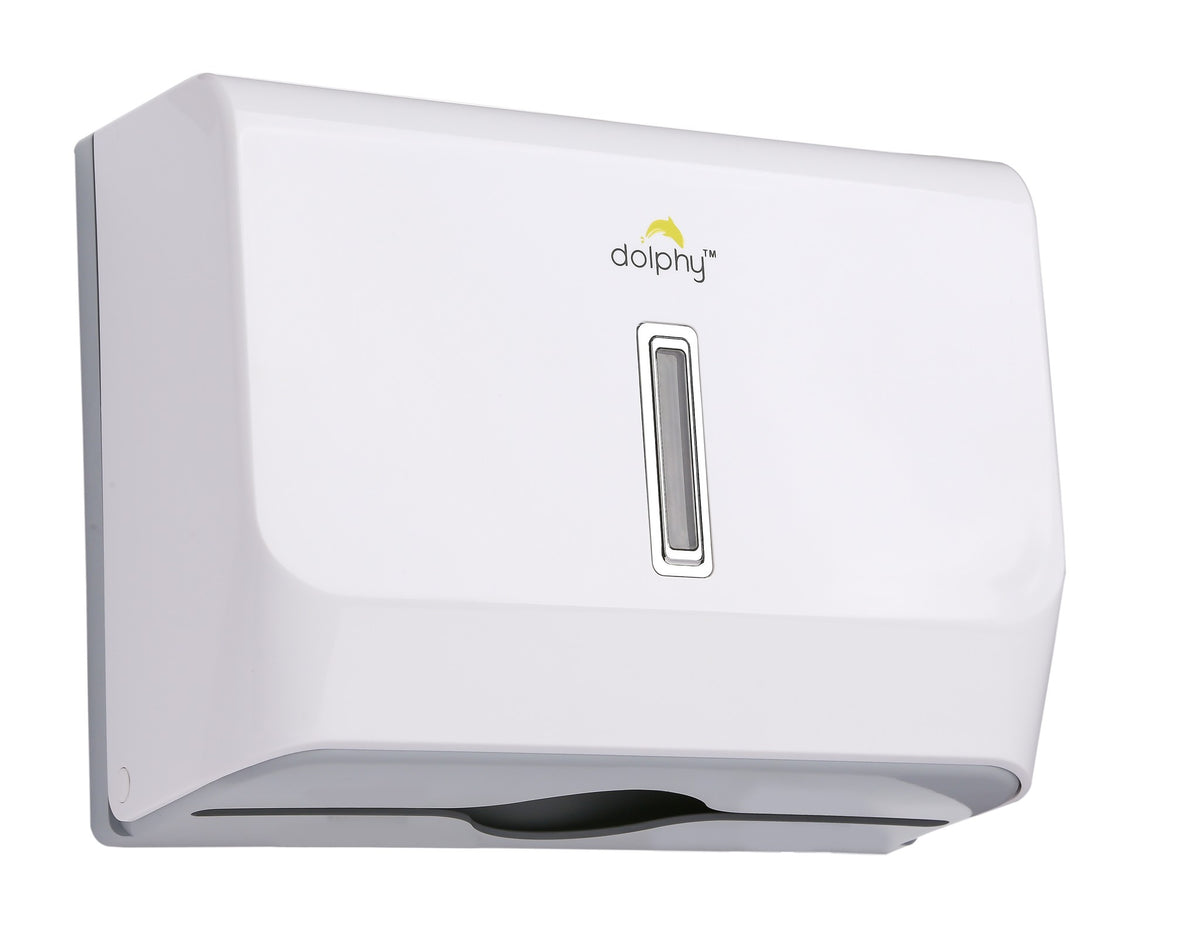 Dolphy white slimline multifold paper towel dispenser, angled view with viewing window