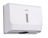 Dolphy white slimline multifold paper towel dispenser, angled view with viewing window