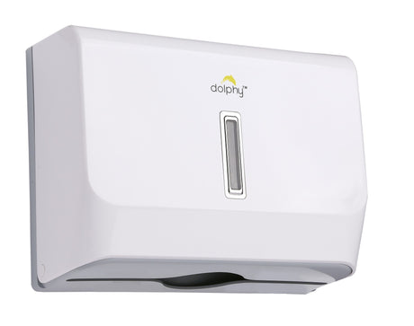 Dolphy white slimline multifold paper towel dispenser, angled view with viewing window