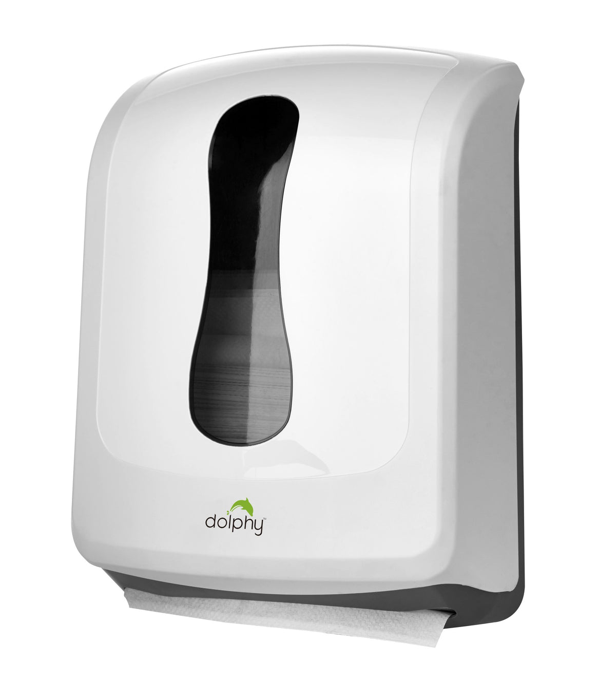 Dolphy white ABS paper towel dispenser, angled view with towels at the outlet