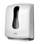 Dolphy white ABS paper towel dispenser, angled view with towels at the outlet