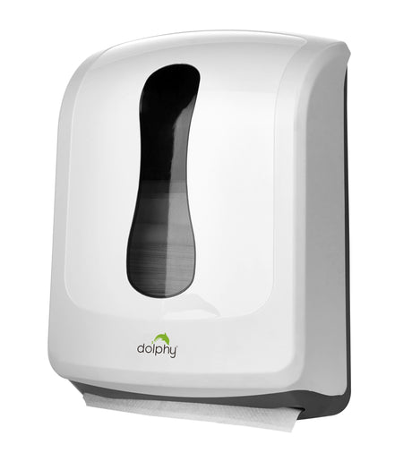 Dolphy white ABS paper towel dispenser, angled view with towels at the outlet