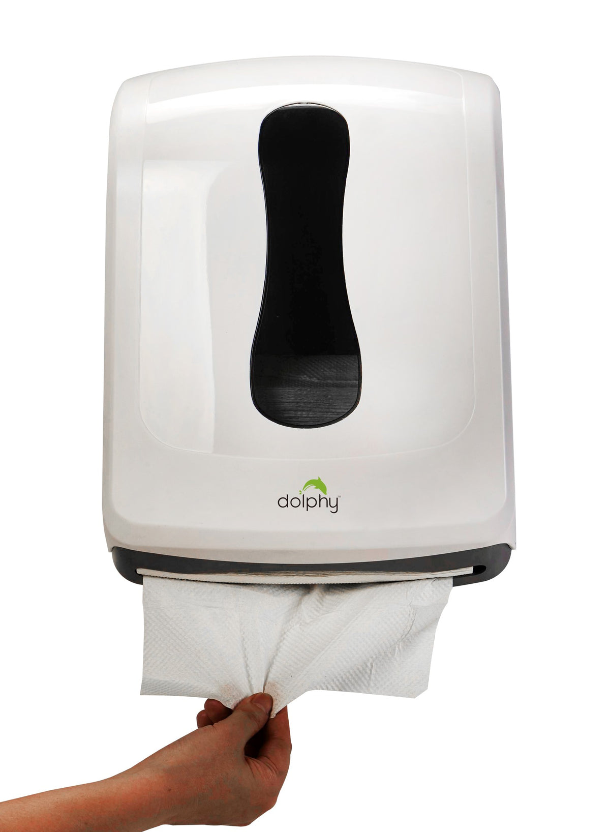 Hand pulling a paper towel from the Dolphy white multifold towel dispenser