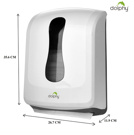 Dolphy multifold paper towel dispenser dimensions: 35.6 cm high, 26.7 cm wide, 11.9 cm deep